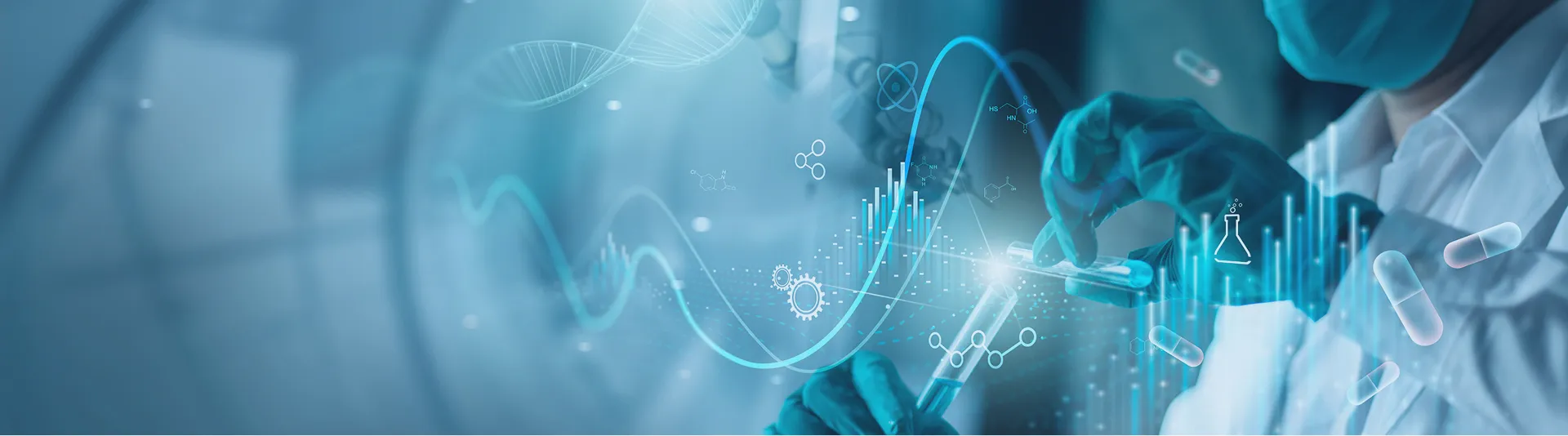 試験管を扱う研究者とデータ解析を表す医療・バイオのイメージ