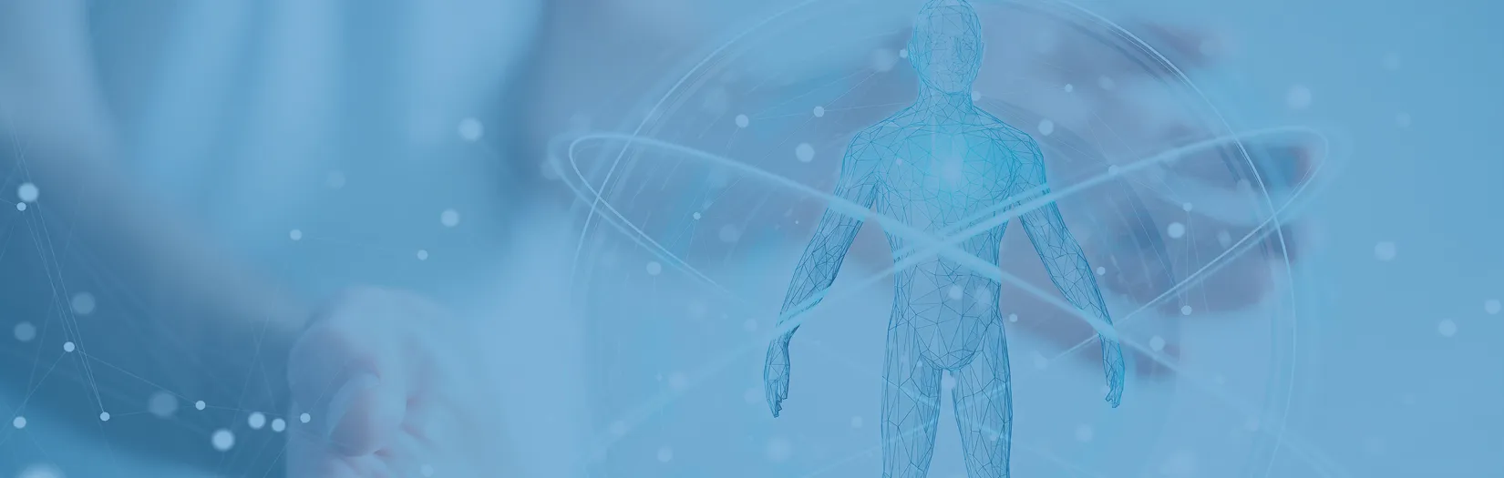 人体のワイヤーフレームモデルとデジタルエフェクトが重なった、先端医療やデータ解析を表すイメージ