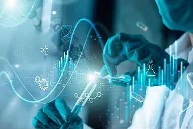 青い手袋をはめた研究員が試験管を扱う様子に、棒グラフや分子構造のホログラムが重なり、科学とテクノロジーの融合を表現している画像。