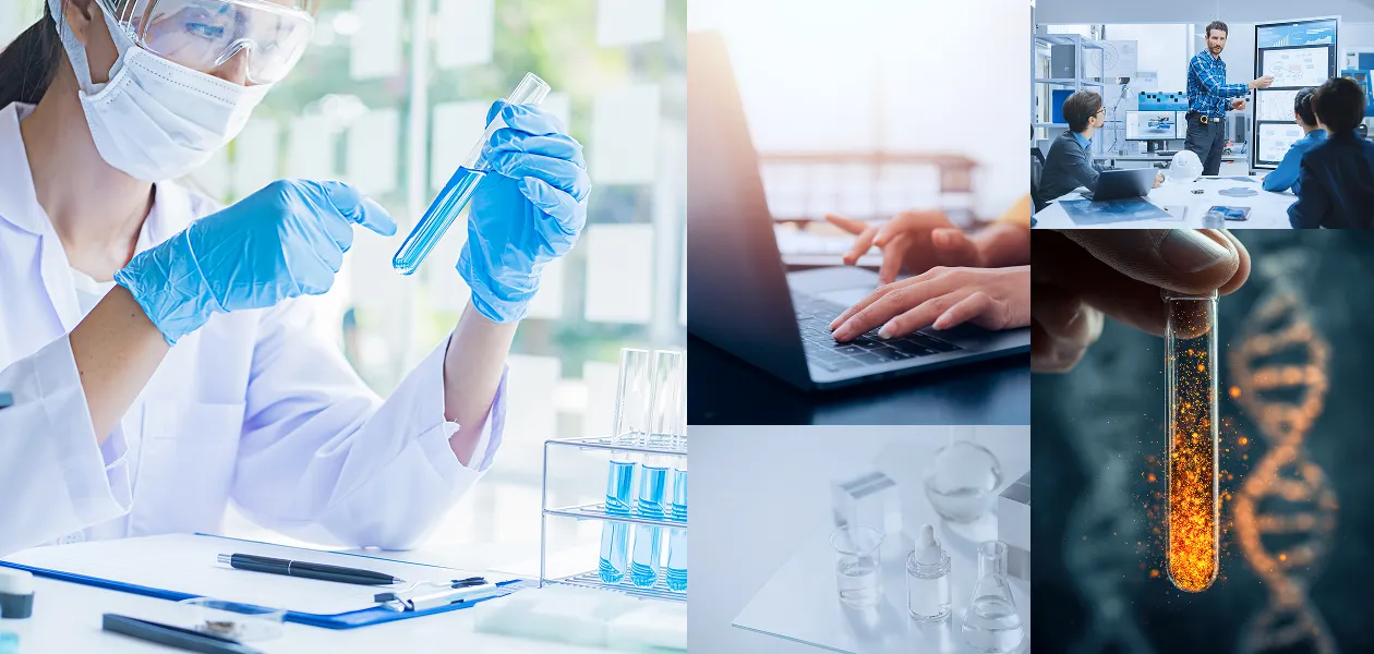 科学・技術開発の現場を伝える5つのシーンのコラージュ。液体が入った試験管を手に取る研究員、ノートパソコンを操作する手元、ホワイトボードの前で議論するチーム、ビーカーが並ぶデスク、DNA構造のグラフィック。