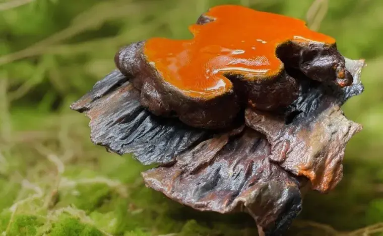 自然の中で光沢を放つ鮮やかなオレンジ色の霊芝（ベニクスノキタケ）