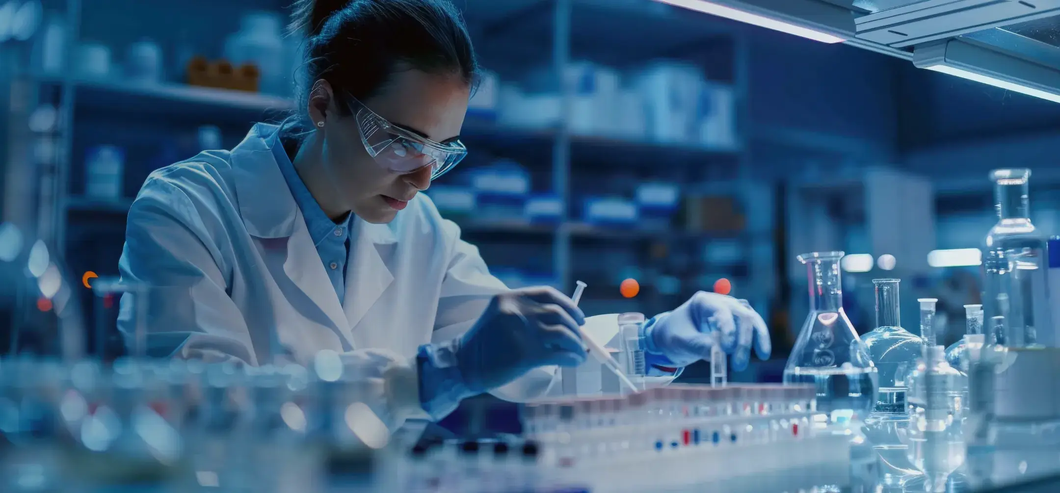 最先端の実験室でピペットを操作し研究に没頭する女性科学者