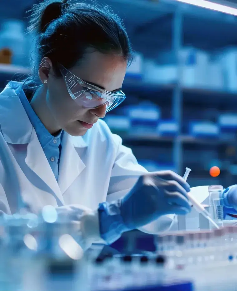 最先端の実験室でピペットを操作し研究に没頭する女性科学者