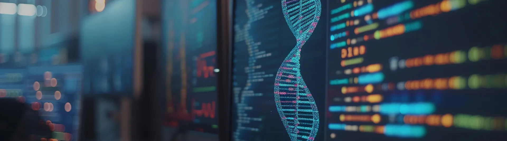 モニターに映された様々な臨床試験のデータイメージ。