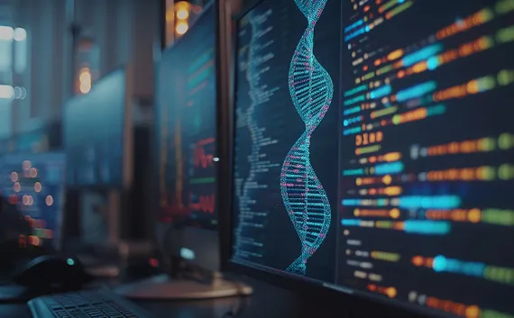 モニターに映された様々な臨床試験のデータイメージ。