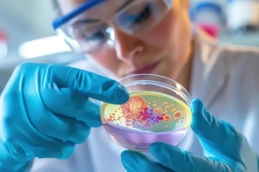 実験室でシャーレ内の微生物を精密に検査する研究者