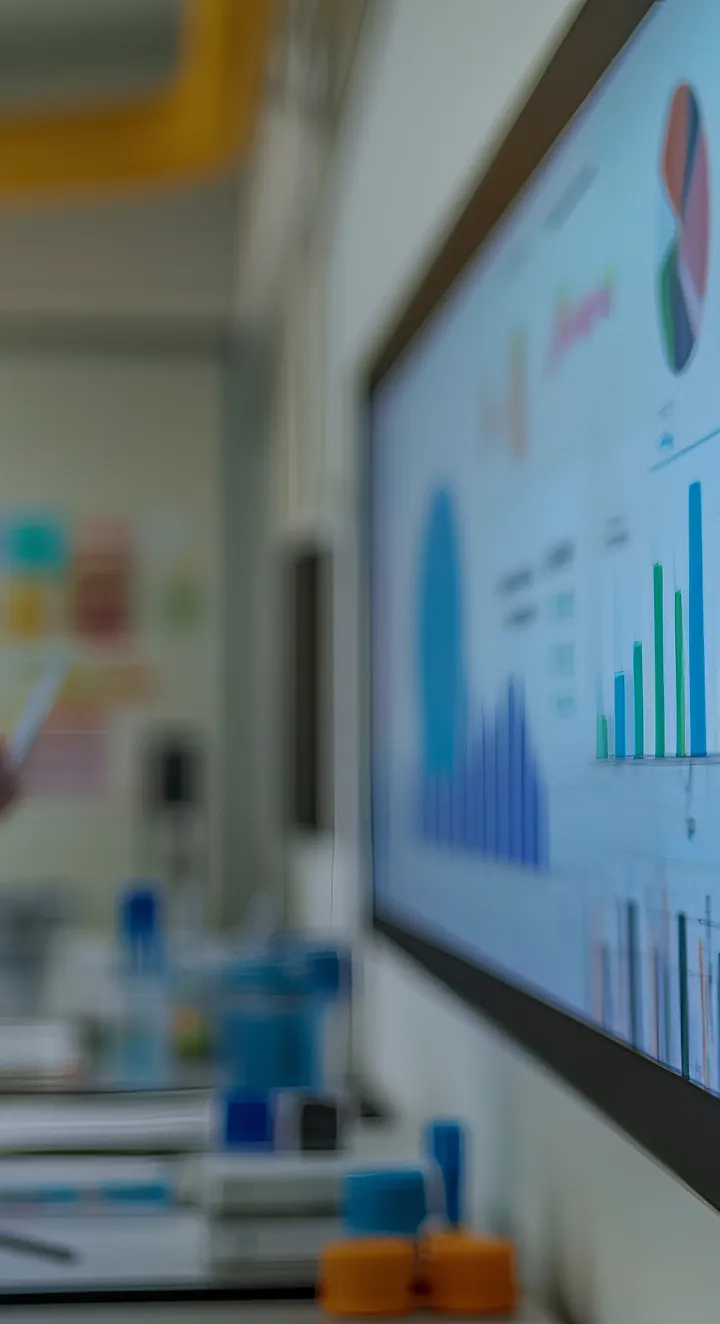 研究室内で白衣の研究者が大型モニターに表示されたデータグラフを確認・説明している様子